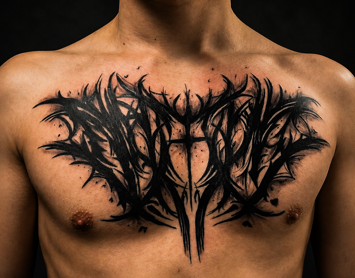 Symmetrisches gotisches Dark-Art-Tattoo auf der Brust mit dornigen, schriftartigen Linien