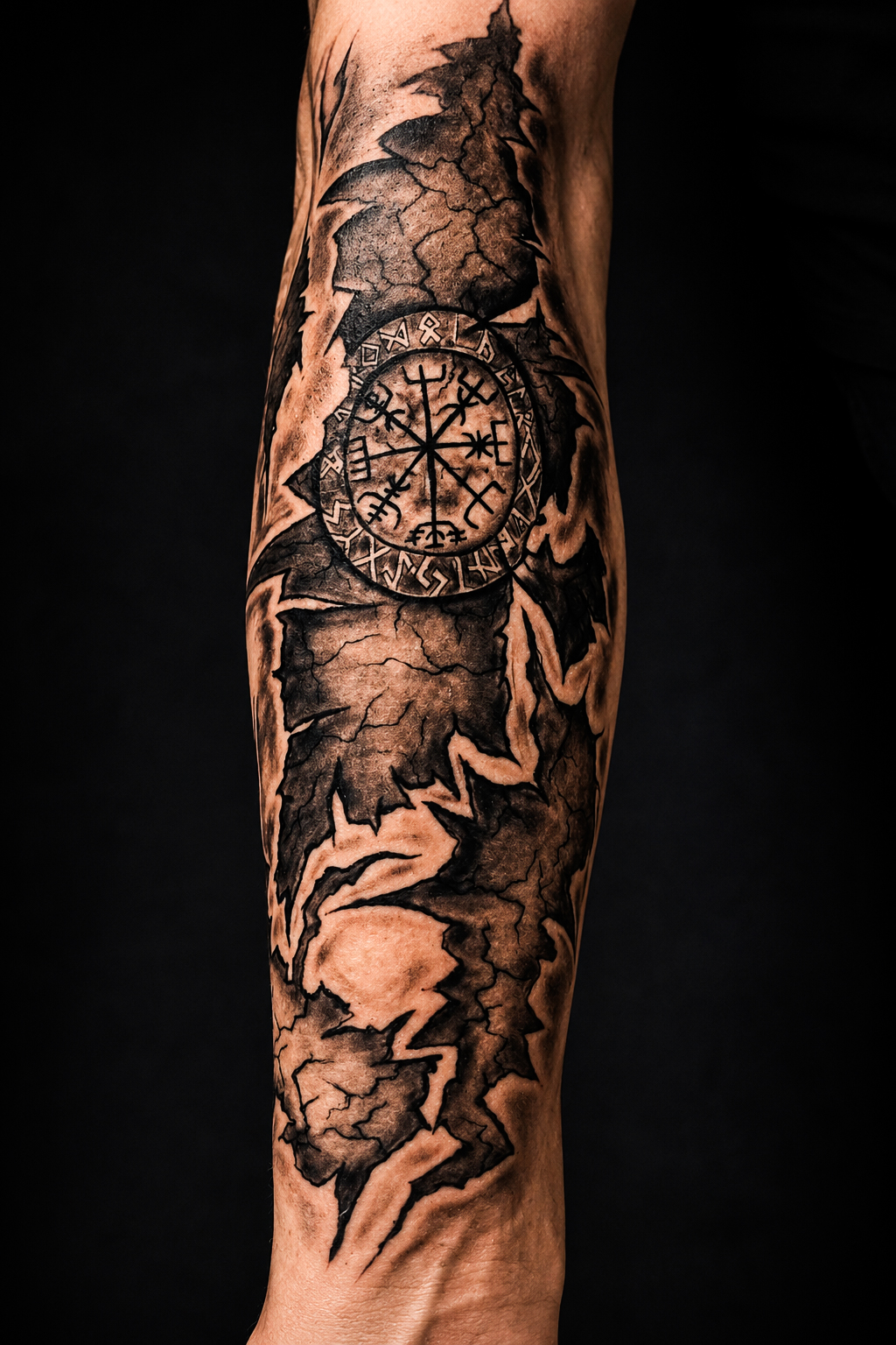 Unterarm-Tattoo mit nordischem Vegvísir-Kompass, Runen und aufgerissener Haut-Optik