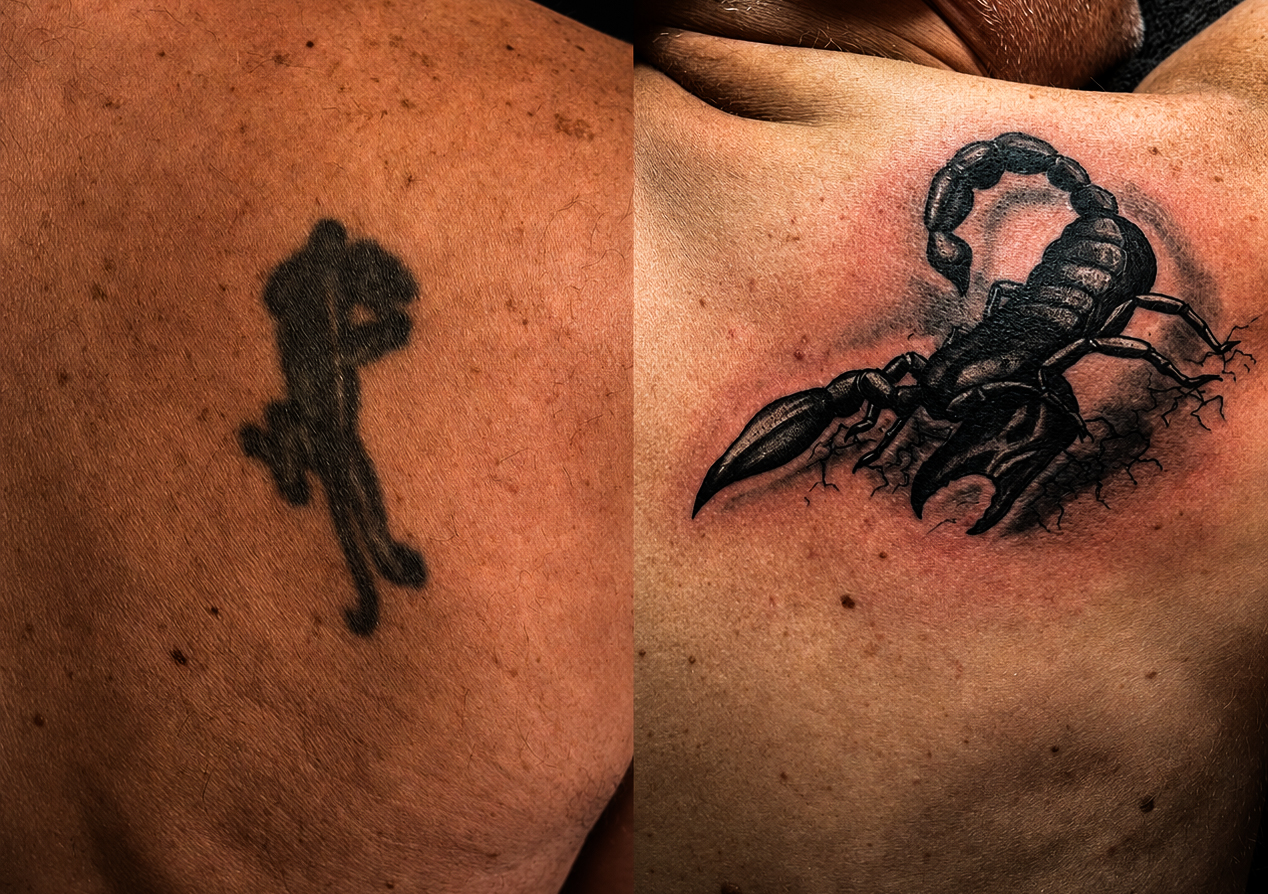 Vorher-Nachher-Vergleich eines Cover-up-Tattoos: altes verblasstes Motiv wird zu einem realistischen Skorpion